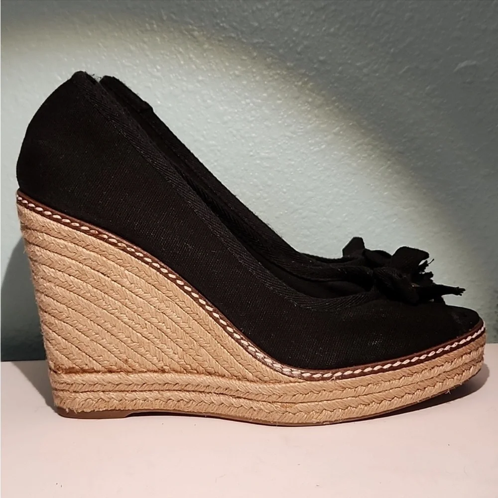 Tory Burch Black Canvas Jackie Bow Espadrille Wedge Pumps